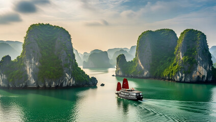 Traditional boat sails through emerald waters amidst limestone karsts in ha long bay vietnam