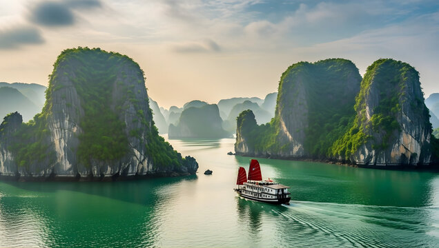 Traditional boat sails through emerald waters amidst limestone karsts in ha long bay vietnam