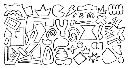 Outline Curvature Crayon Freeform set. Abstract Chalk Hand Drawn Shapes, Curls, Geometric Forms, Spot and doodle objects. Isolated textured Ink drawings scrawls. Vector illustration. Not AI
