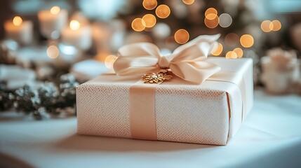 Wrapped Gift Box with Bow with Festive Holiday Background.