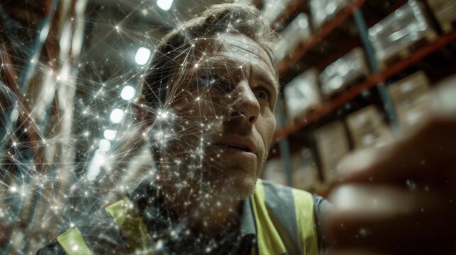 In a busy warehouse, a young man wearing a safety vest interacts with a floating digital network, showcasing the complexity of logistics and global connections. The warehouse setti