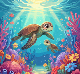 Naklejka premium CHILDREN'S STORYBOOK STYLE ILLUSTRATION OF THE BEAUTIFUL LIFE OF TURTLES ON THE OCEAN BOTTOM WITH COLORFUL CORAL AND BLUE SEA WATER 