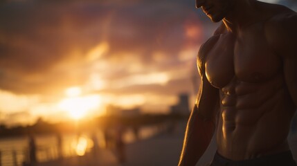A muscular man stands by the shoreline, his defined abs glistening in the warm glow of the sunset. The man's silhouette reflects strength against the vibrant sunset background.