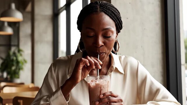 Chic Woman Relaxes with a Delicious Iced Chocolate Drink in a Sunlit Coffee Shop