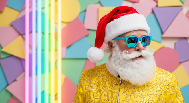 Person wearing red Santa hat and blue sunglasses against colorful geometric background and neon lights, representing modern holiday celebration
