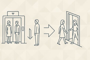 Interaction dynamics of elevator etiquette showcasing seamless transition from shared space to personal connection highlighting social behavior nuances