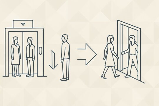 Interaction dynamics of elevator etiquette showcasing seamless transition from shared space to personal connection highlighting social behavior nuances