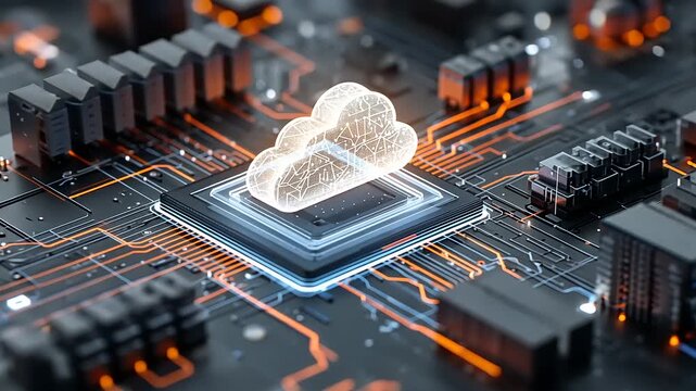 Futuristic cloud computing concept with a glowing cloud icon on a circuit board surrounded by technology