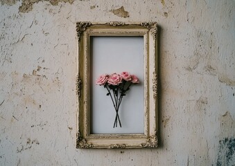 Vintage Frame with Pink Roses against Textured Wall Background