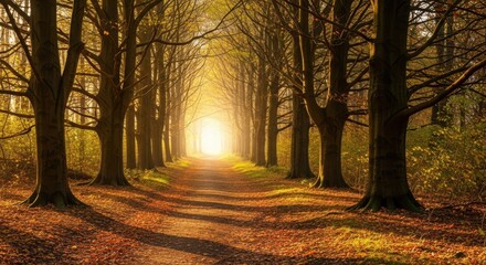 Autumn forest path with glowing light at the end of the tree alley