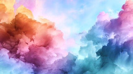 Vibrant abstract clouds blend shades of pink, orange, and blue, creating a dreamy atmosphere.
