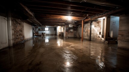 Flooded basement with standing water and exposed beams, highlighting cleanup challenges.