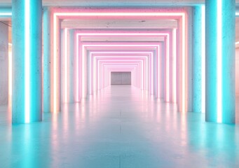 Colorful Neon Light Corridor with Concrete Walls and Floor