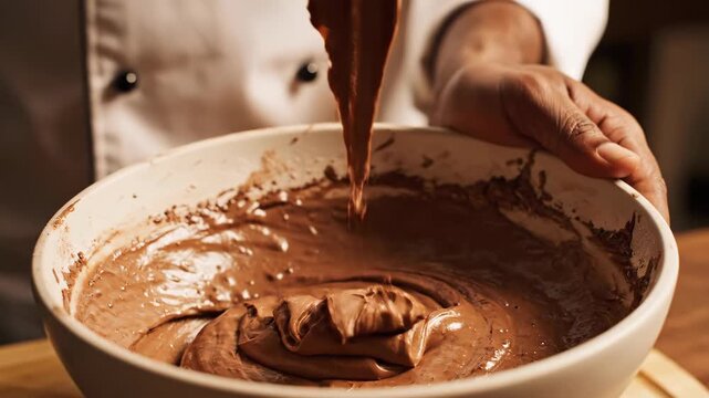 Cinematic Close-Up: A Baker's Hands Carefully Stirring Thick, Glossy Chocolate Batter for a Cake