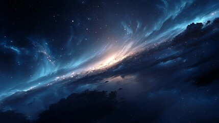 A dazzling galaxy swirls in a mesmerizing space scene, illuminated by radiant stars that shine brightly. This vibrant galaxy captivates the eye and invites cosmic wonder and explor