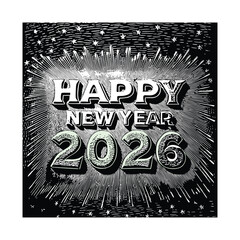 Happy New Year 2026 Vintage Woodcut Illustration with Starburst and Engraving Style