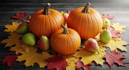 Three orange pumpkins, green pears, and red apples are on colorful foliage, evoking autumnal abundance and harvest, ideal for seasonal concepts