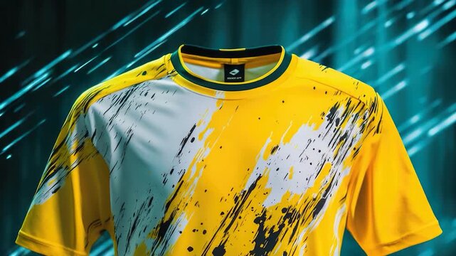 A yellow and white soccer jersey with black and white paint splatters