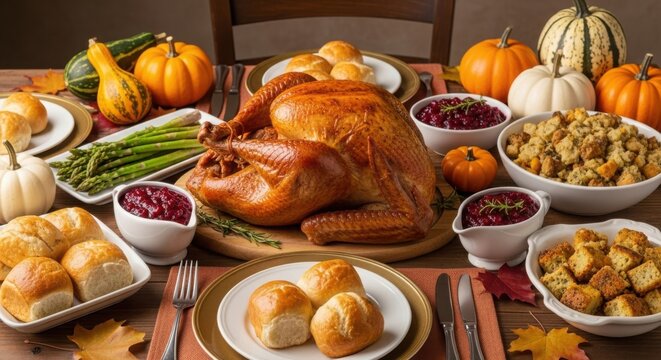 Traditional thanksgiving feast with roasted turkey and sides