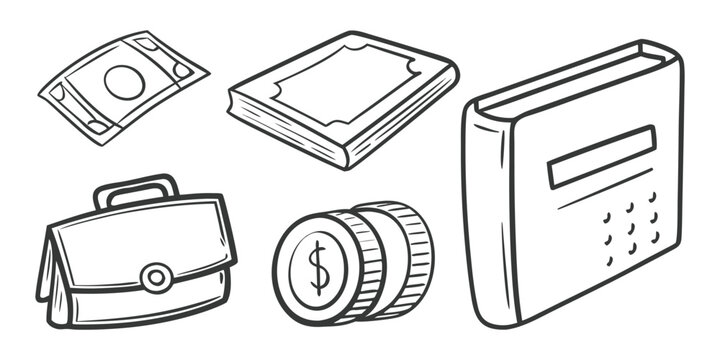 A collection of business-related items including money, a briefcase, coins, and books.
