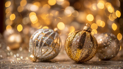 Elegant Gold and Silver Christmas Baubles with Glitter and Bokeh Background