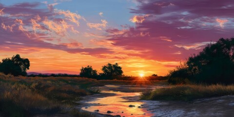 Vibrant Sunset Over Tranquil River Landscape Painting.