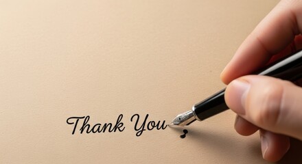 Hand writing "thank you" with a fountain pen on light beige paper
