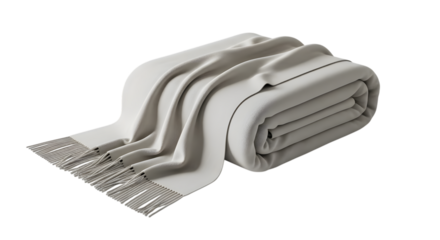 Folded light gray soft throw blanket with fringe detail on a plain background isolated on a transparent background