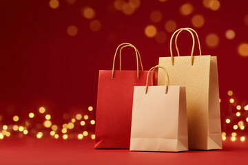 Red and Gold Shopping Bags on Red Background with Christmas Lights Bokeh