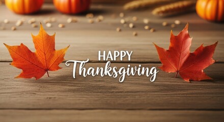 Happy thanksgiving greeting with autumn leaves and rustic wood