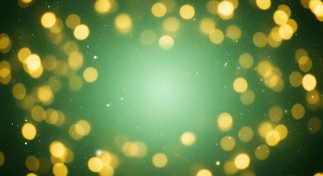 Magical Green Bokeh Background with Golden Light Orbs and Dust Particles creating a Dreamy and Festive Atmosphere Perfect for Holiday Season Greetings and Celebratory Designs