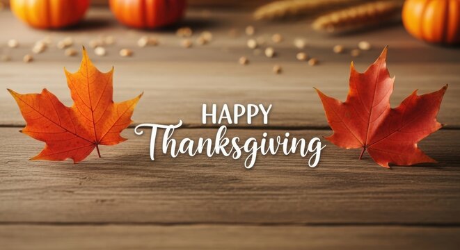 Happy thanksgiving greeting with autumn leaves and rustic wood - Powered by Adobe