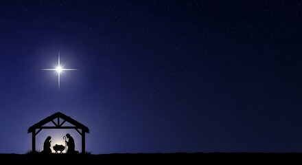 Nativity Scene Silhouette with Starry Night Sky Depicting the Birth of Jesus Christ with Mary Joseph and Baby Jesus