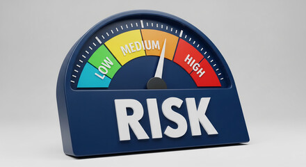Image of blue gauge with a pointer indicating risk level, ranging from low to high, signifying assessment and evaluation of potential hazard