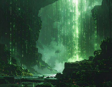 Digital waterfall cascades through a mystical cavern with mossy rocks. - Powered by Adobe