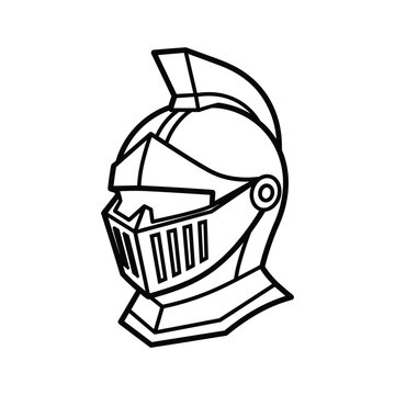 Line art illustration of a medieval knight helmet with a closed visor, representing chivalry and historical armor