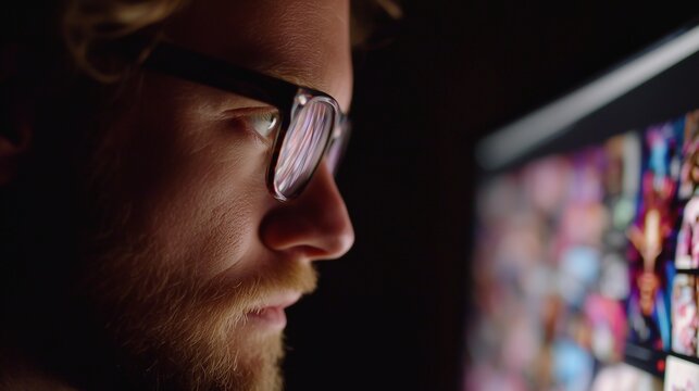 In a dimly lit environment, a man with glasses intently watches a computer screen displaying vibrant, colorful images. The man is immersed in online tasks, reflecting his concentra