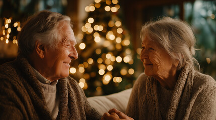 Timeless Moments: Elderly couple in cozy embrace. Golden fairy lights provide a warm glow to celebrate enduring love.