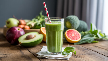 Refreshing green smoothie with fresh fruits and vegetables