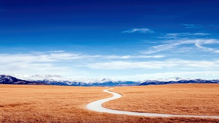 A winding dirt road leads through a dry, golden field towards a distant range of snow-covered mountains under a bright blue sky.
