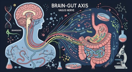 Illustration of brain-gut axis showing neural connections between brain and digestive system.