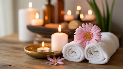 Serene spa setting with candles rolled towels and flowers