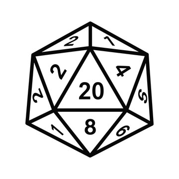 Line art illustration of a twentysided dice d20, a polyhedral die for tabletop roleplaying