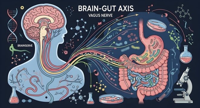 Illustration of brain-gut axis showing neural connections between brain and digestive system.
