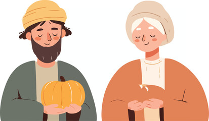 Flat vector illustration of a traditional harvest celebration featuring a man with a pumpkin and an older woman, embodying autumn's gratitude and community joy
