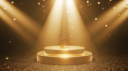 Golden podium illuminated by spotlights with falling confetti