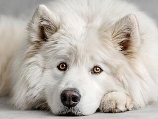 Fototapeta premium Samoyed dog resting head on paw looking forward