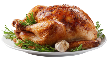 Roasted turkey on a white plate, garnished with sprigs of rosemary and garlic cloves. Crispy browned skin