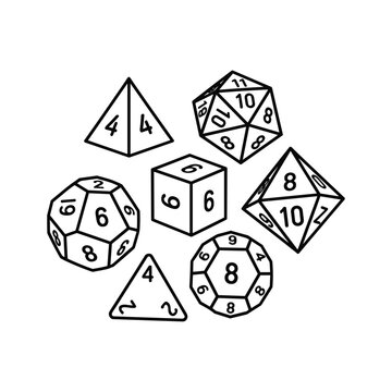 Collection of polyhedral dice with various numbers, used for tabletop roleplaying games and probability