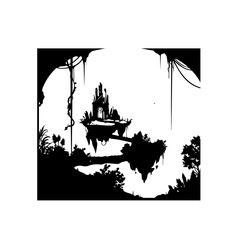 Obraz premium Mysterious Floating Island Castle Silhouette in a Serene Landscape.